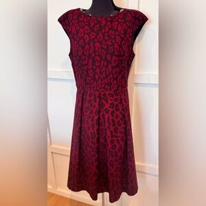 Wool Midi Dress Sz 10 Tailored Animal Print Red & Black Short Sleeve CARACTERE